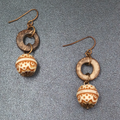 Pierced Earrings Carved Coconut Shell Copper tone Hook Statement Dangle 1 3/8"