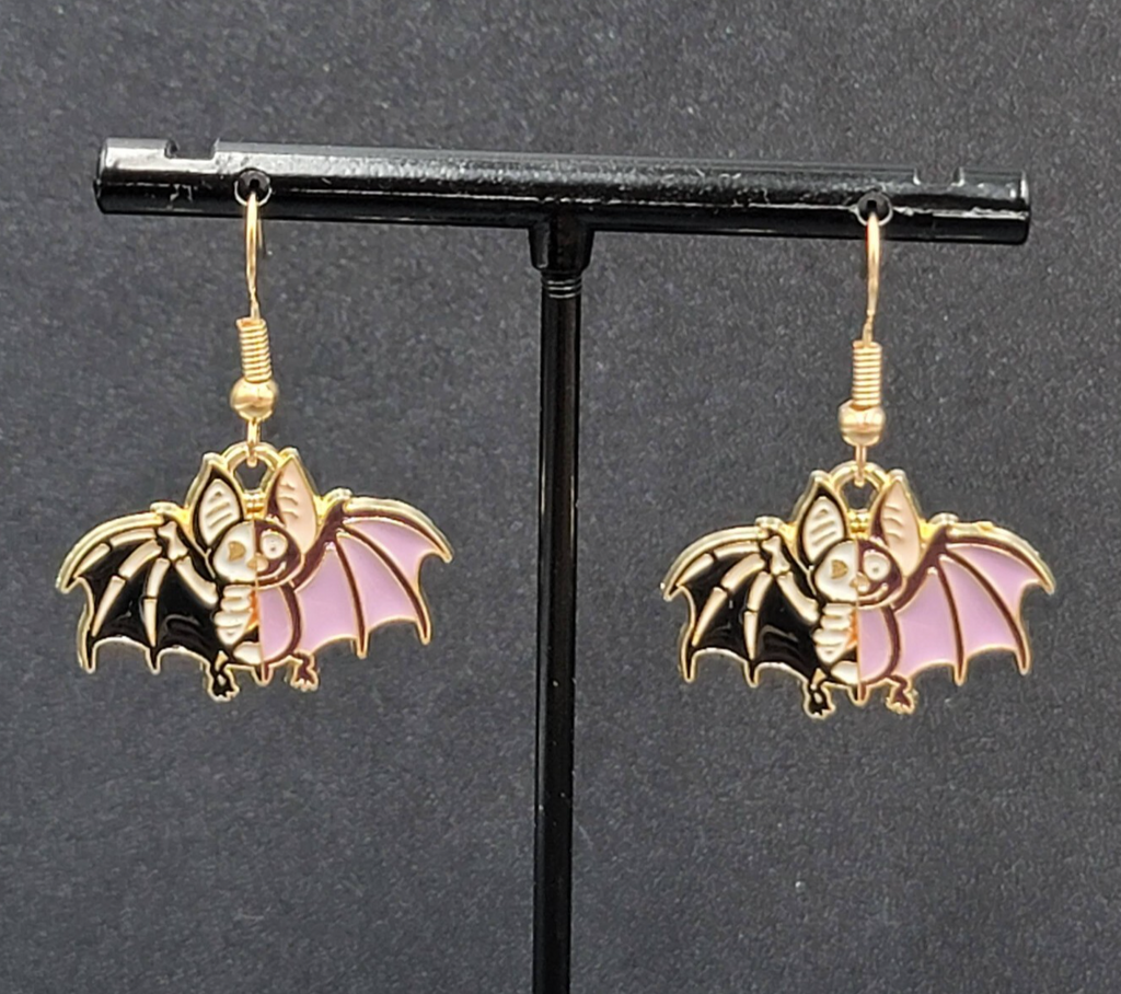 Zombie Bat Pierced Earrings Halloween Half Skeleton Enamel Dangle 3/4"