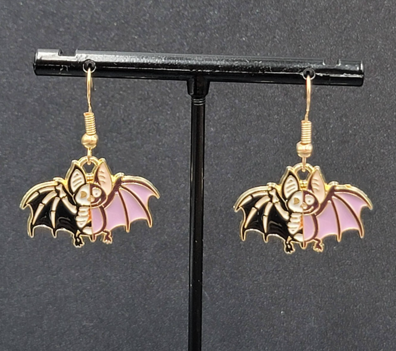 Zombie Bat Pierced Earrings Halloween Half Skeleton Enamel Dangle 3/4"