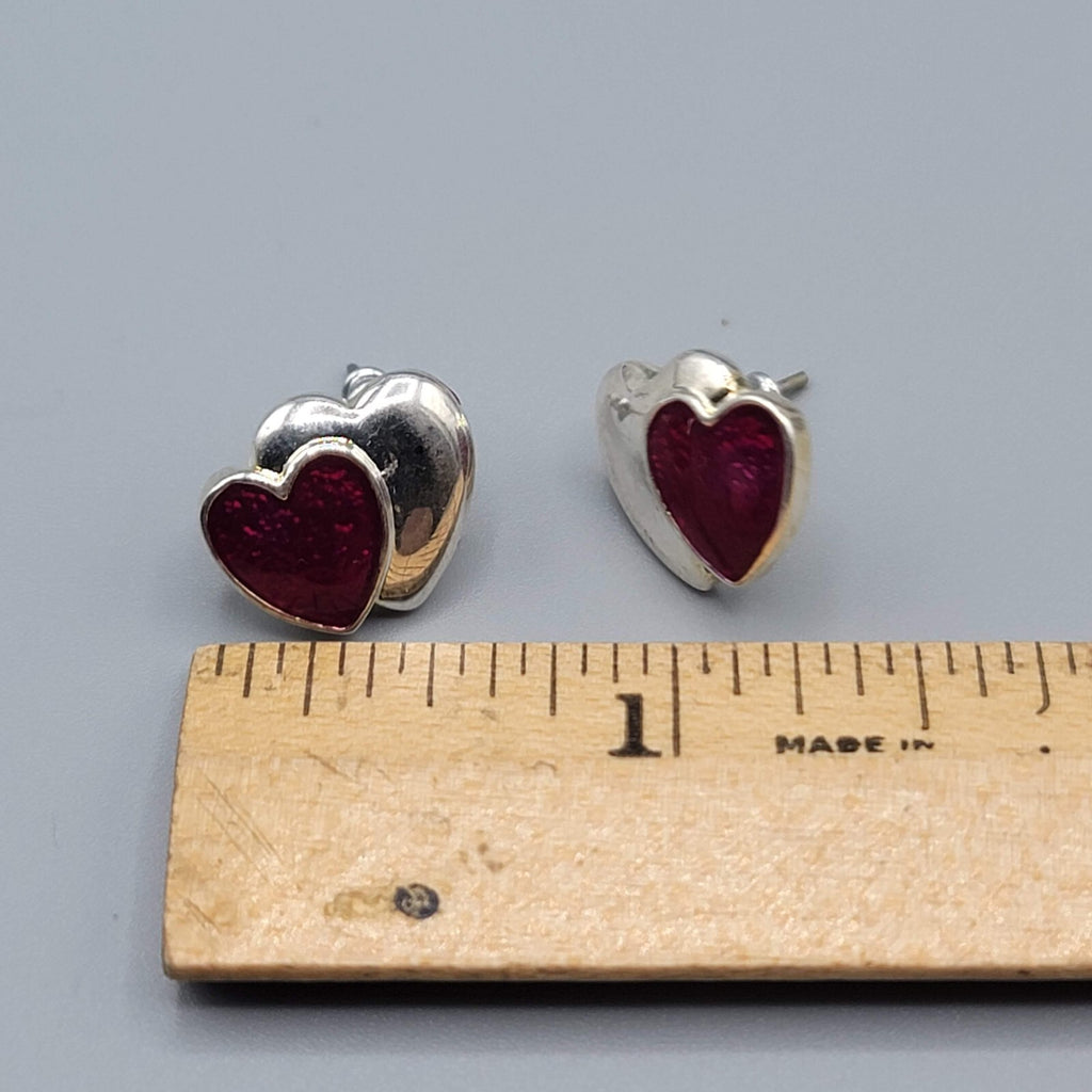 Heart Pierced Earrings Silver tone Red Enamel Studs Hearts 5/8"