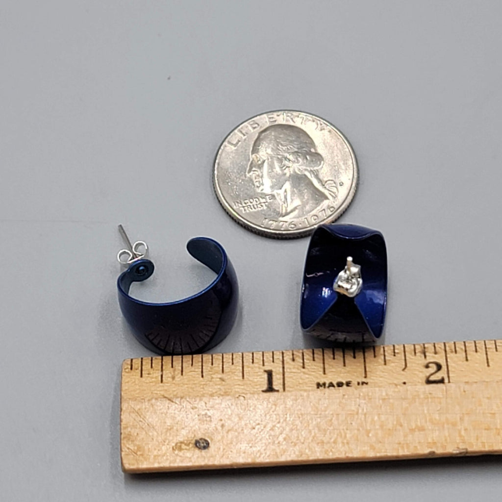 Vintage Blue Enamel Pierced Earrings Wide Hoops 5/8"