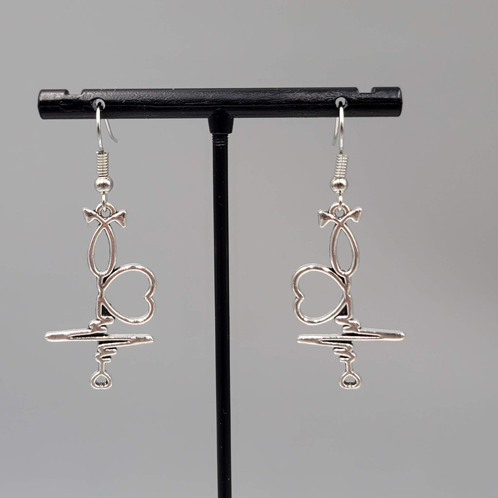 Medical Nurse Pierced Earrings Heart EKG ECG Silver tone Dangle 1.25"