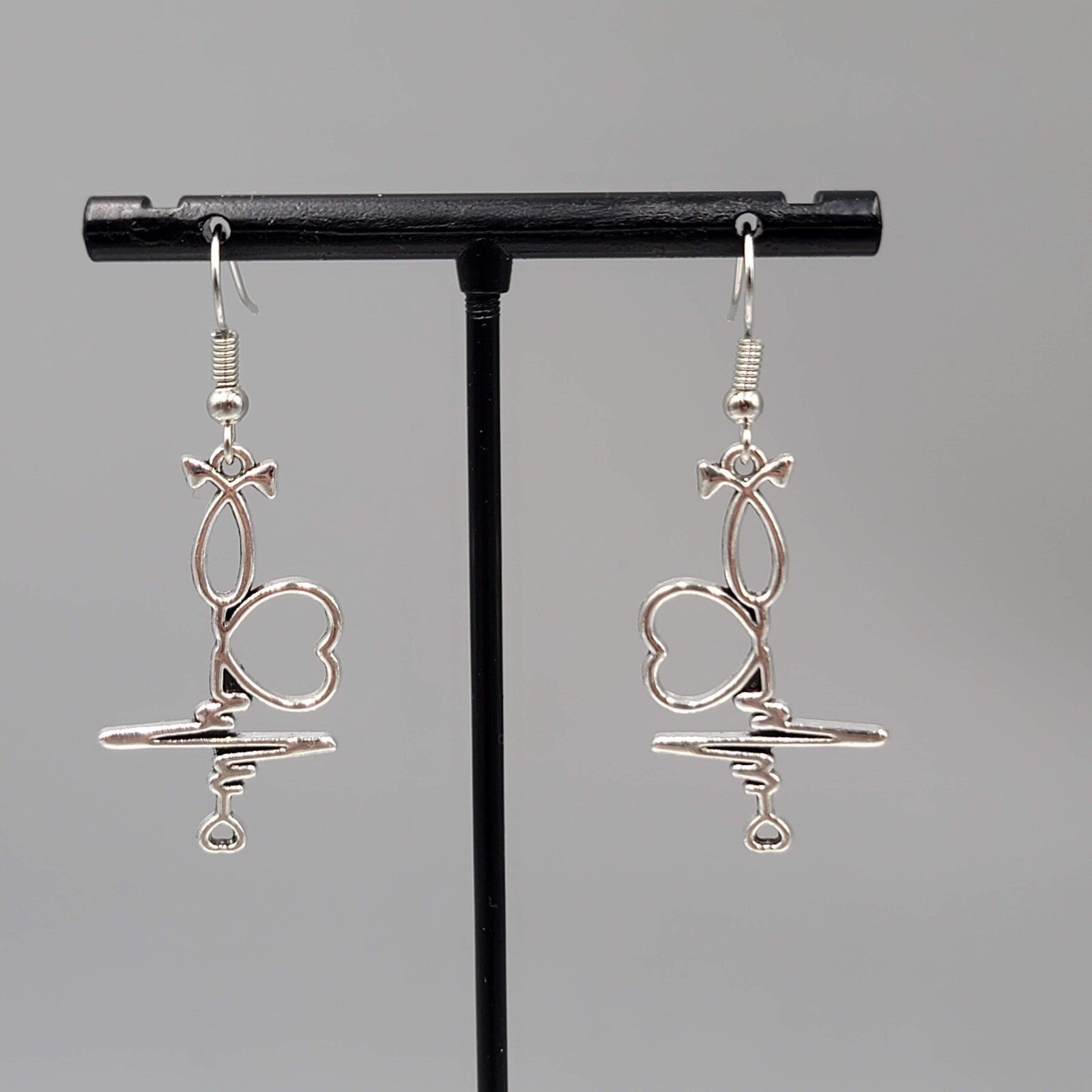 Medical Nurse Pierced Earrings Heart EKG ECG Silver tone Dangle 1.25"