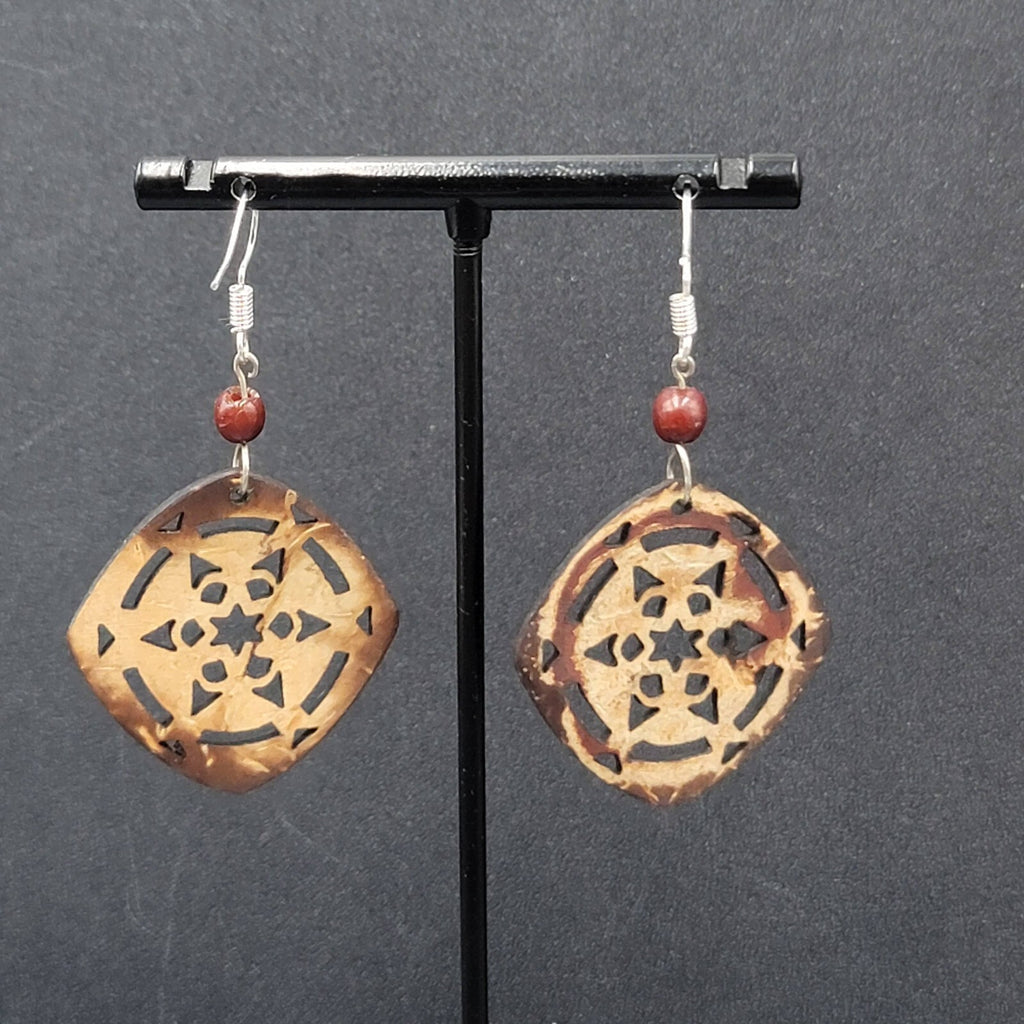 Pierced Earrings Silver tone Cut Coconut Bead Dangle 1.5"