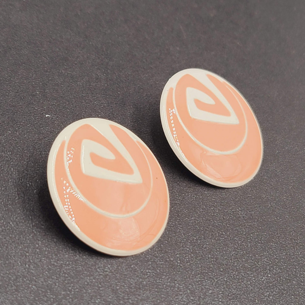 Vintage Pierced Earrings Peach White Enamel over Metal Round Drop 1.25"