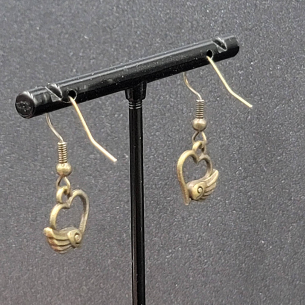 Pierced Earrings Bronze tone Open Winged Heart Dainty Dangle 1/2"