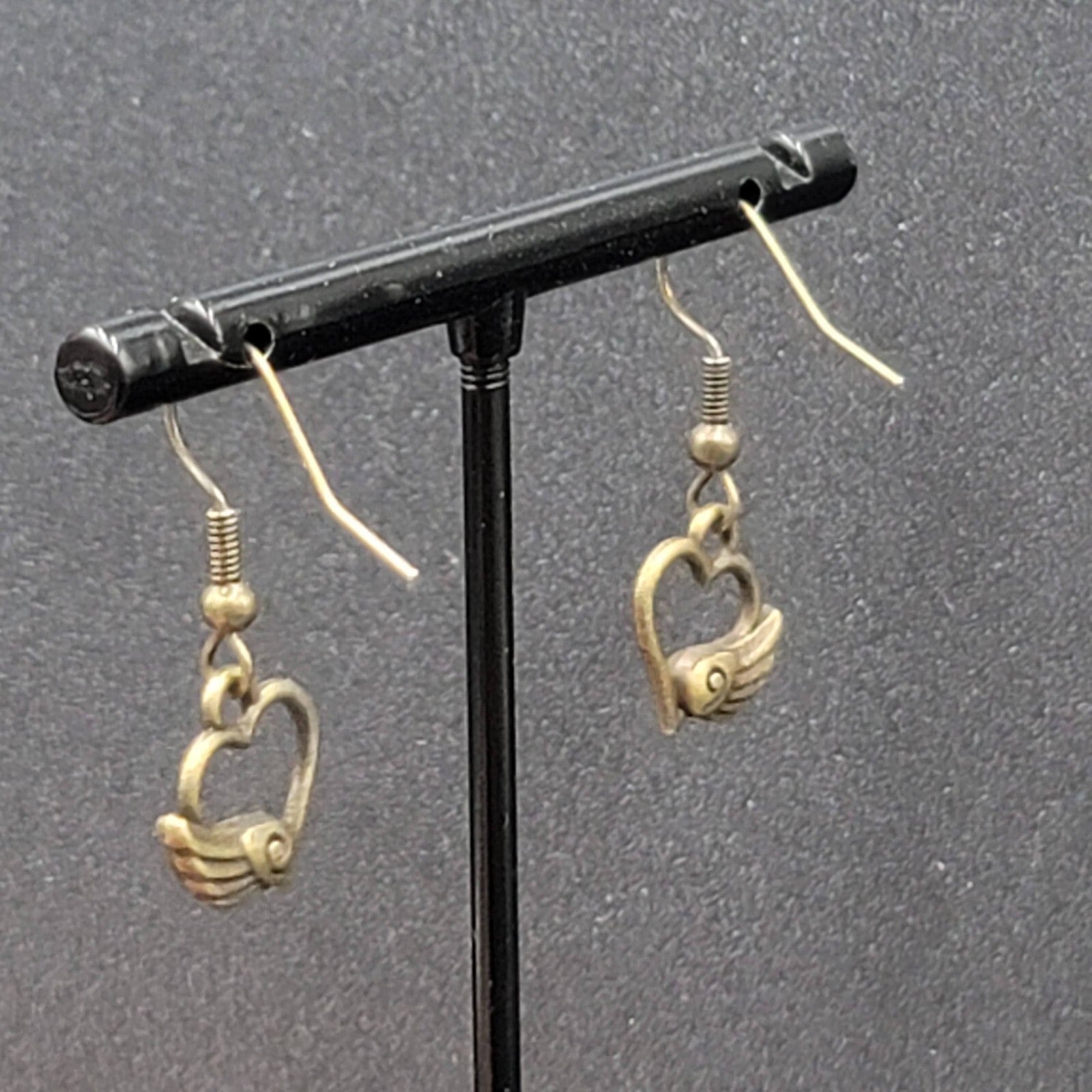 Pierced Earrings Bronze tone Open Winged Heart Dainty Dangle 1/2"