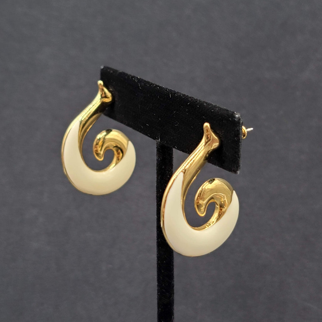 Vintage MONET Pierced Earrings Gold Plated White Enamel Swirl Drop  1.25"