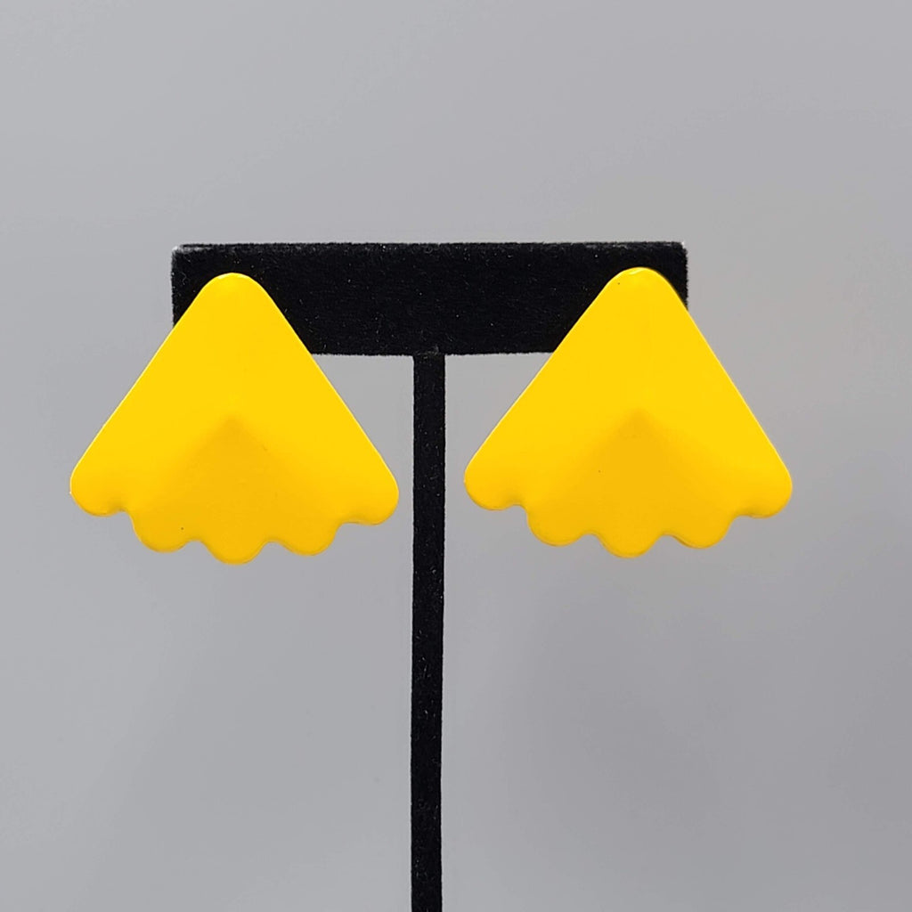 Vintage Pierced Earrings Yellow Enamel Triangle Drop Statement 80s 1.5"