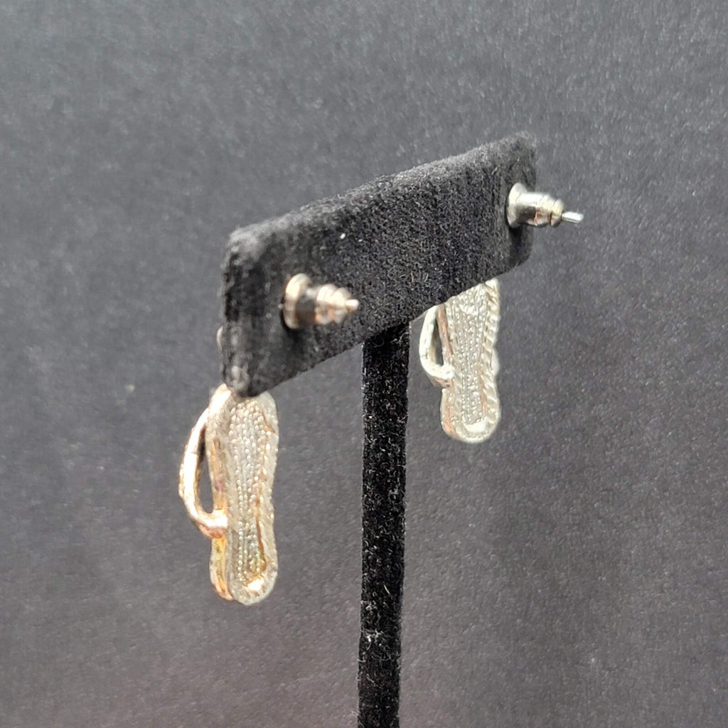 Pierced Earrings Black White Enamel Rhinestone Dangle Flip Flops Sandels 3/4"