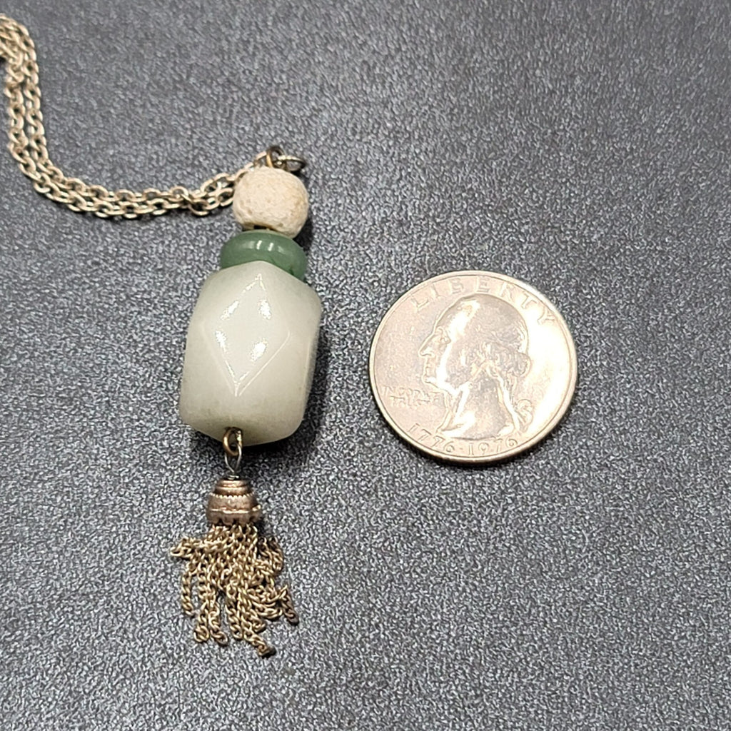 Jadeite Bead Pendant Tassel Necklace Silver tone Chain 20"-23"