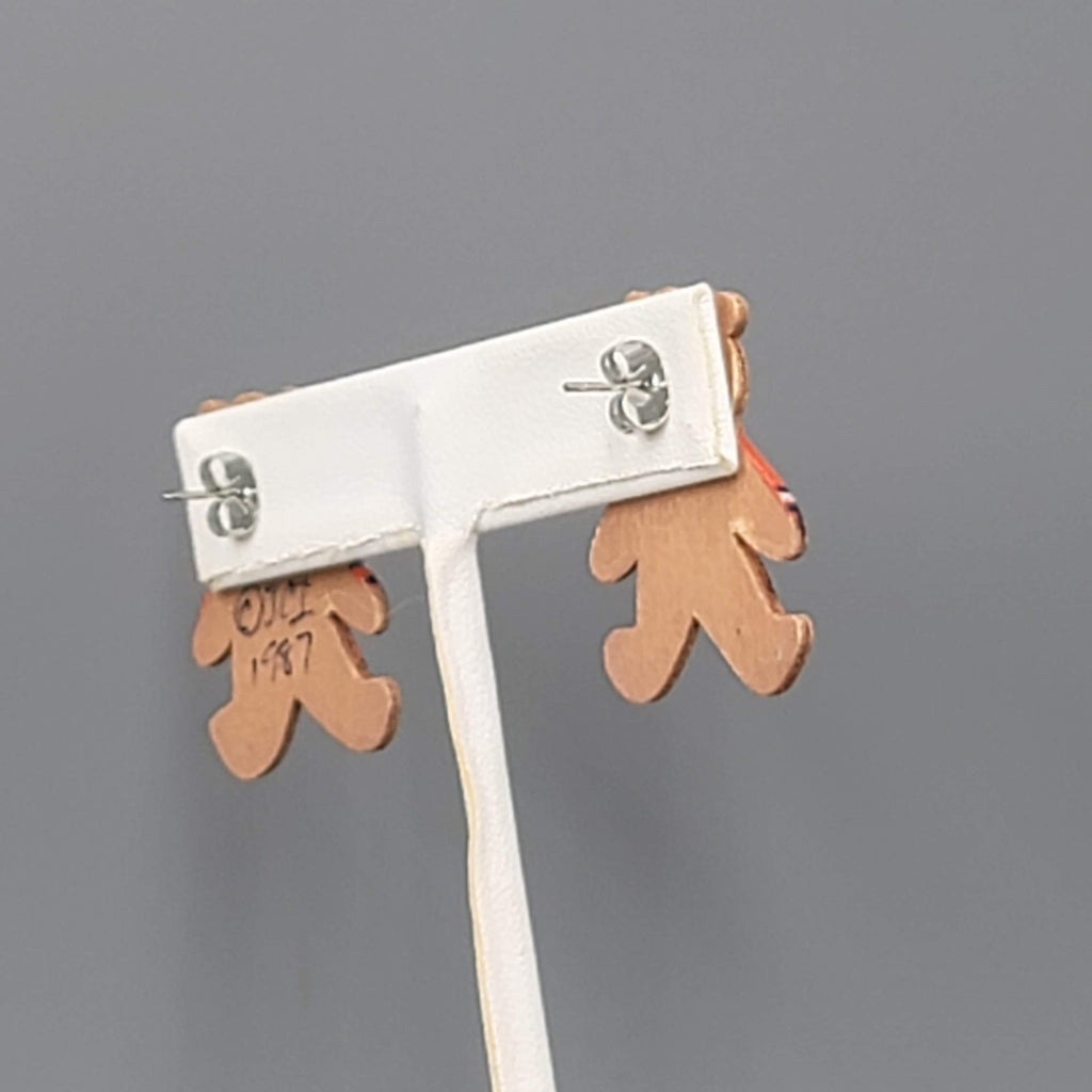 Vintage Hand Painted Denver Broncos Pierced Earrings Wood Teddy Bear 1 1/8"
