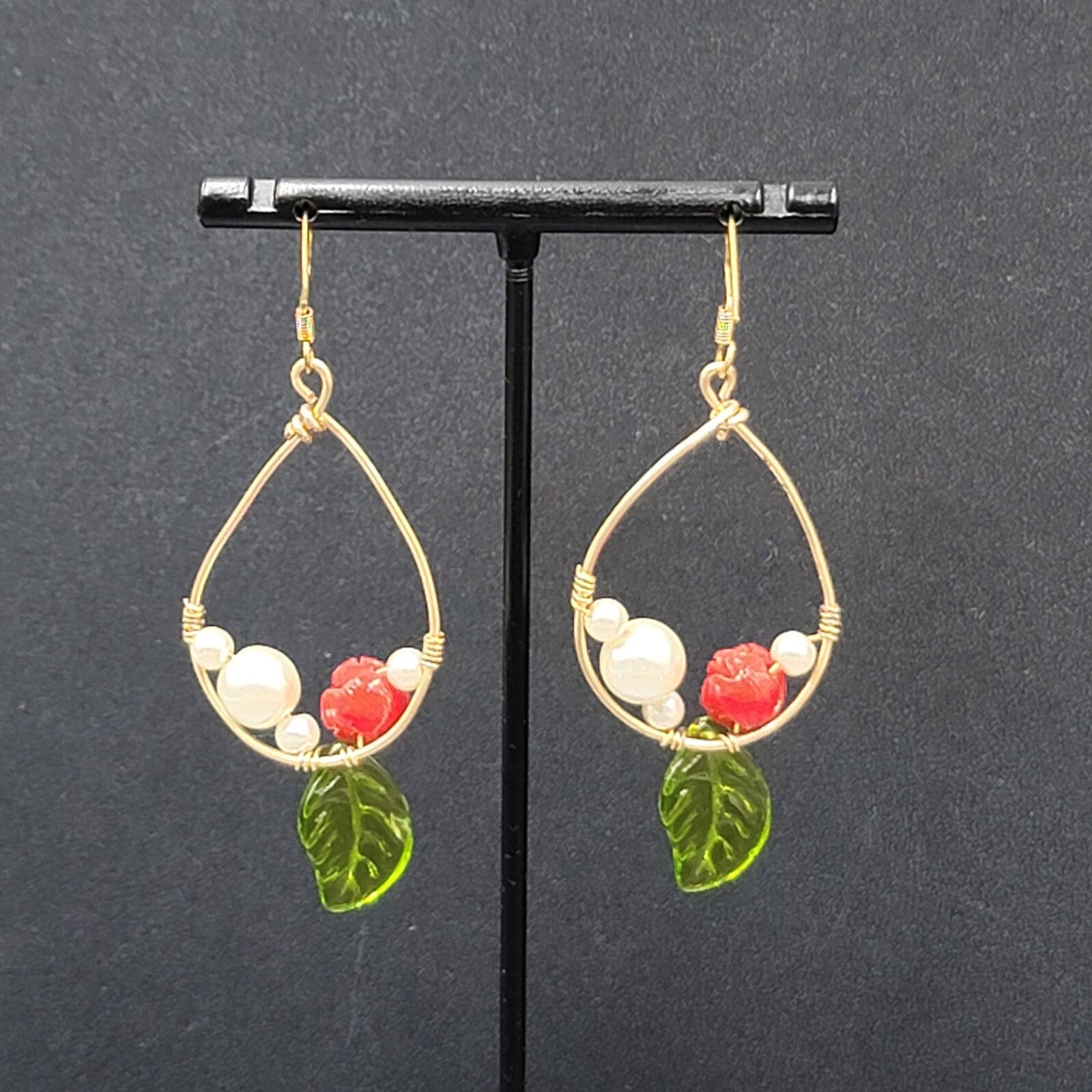 Pierced Earrings Gold tone Rose Leaf White Beads Dangle 2"