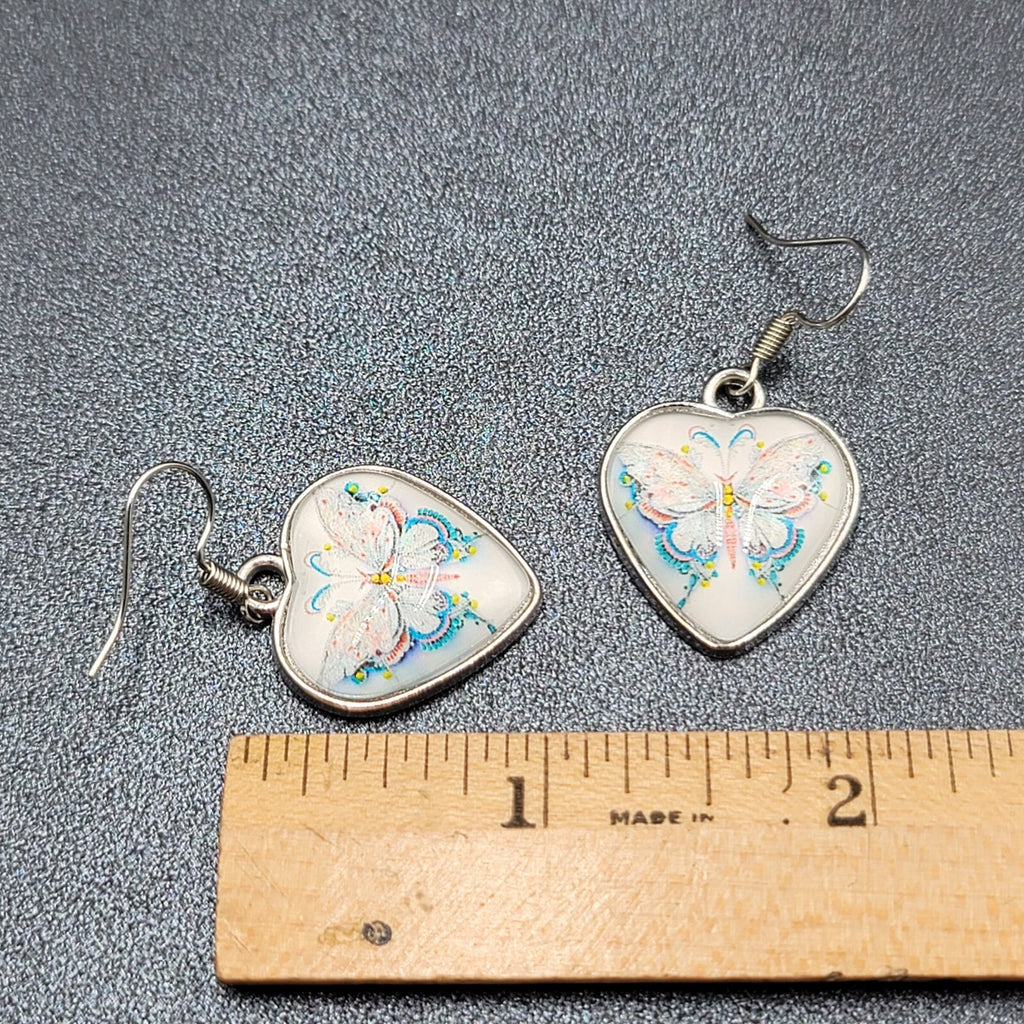 Butterfly Heart Pierced Earrings Silver tone Dangle Glass Cover 1"