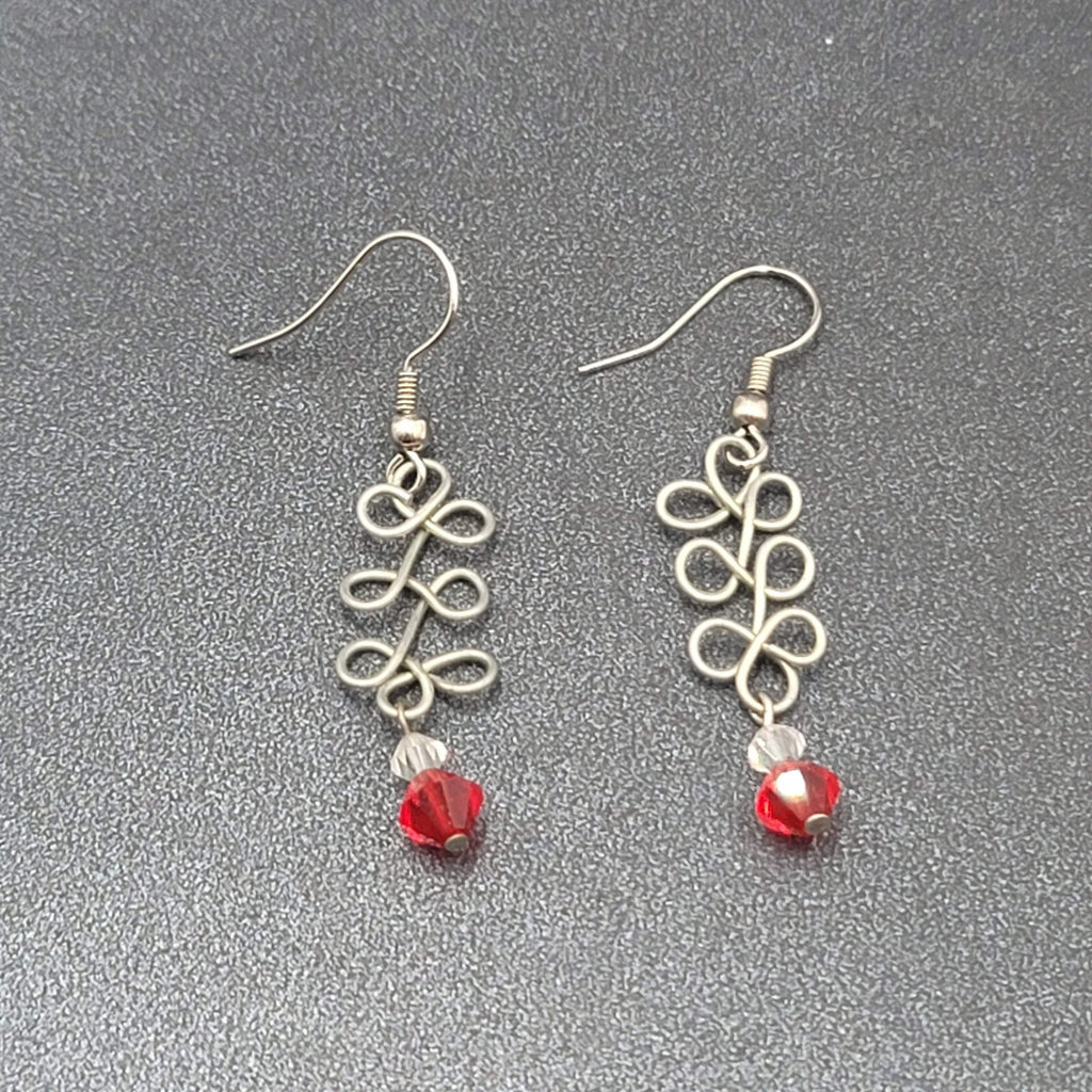 Pierced Earrings Silver tone Wire Red Crystal Bead 1.25"