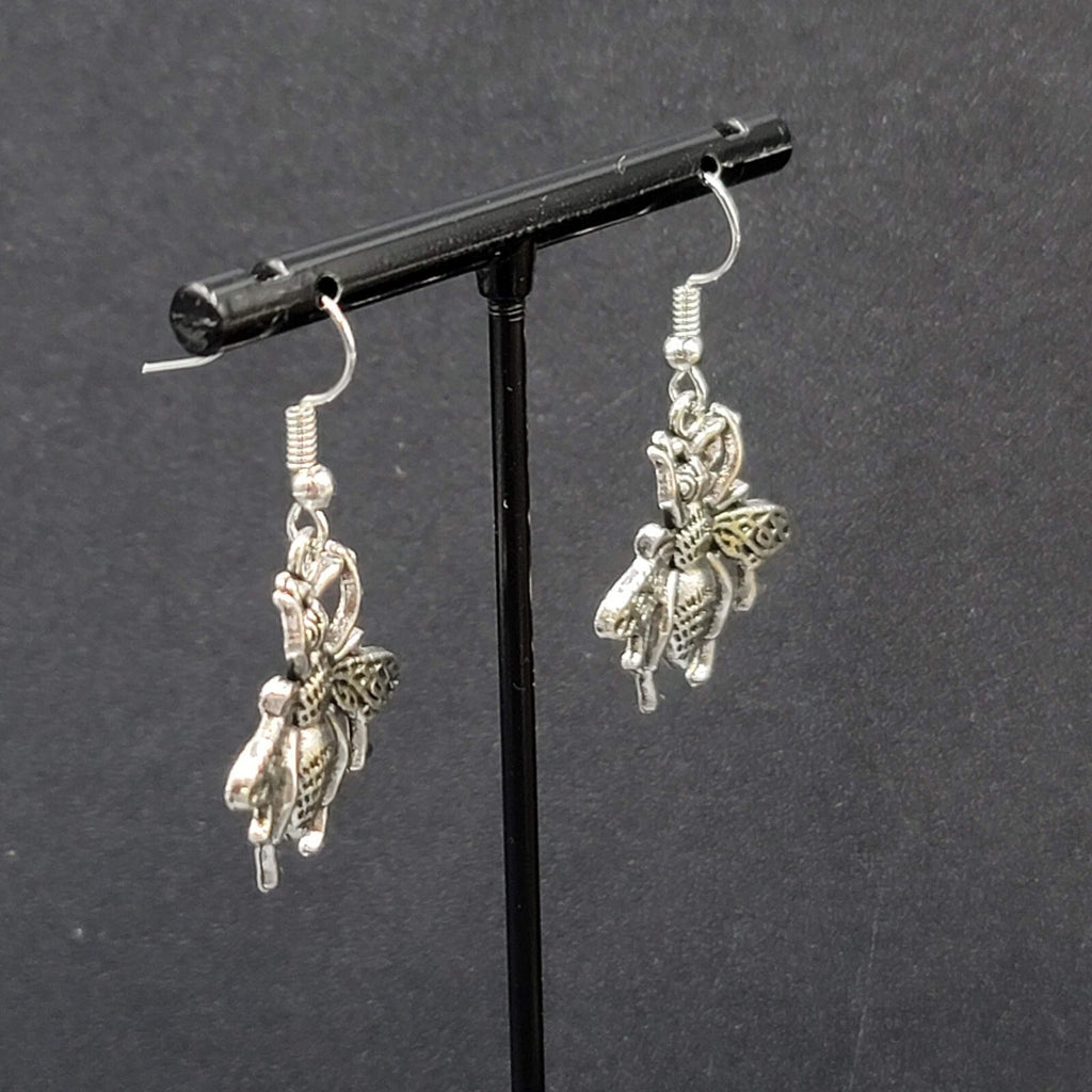 Bee Flying Insect Pierced Earrings Silver tone Dangle 1"