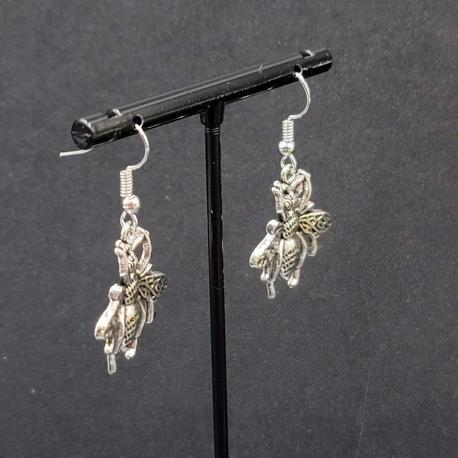 Bee Flying Insect Pierced Earrings Silver tone Dangle 1"