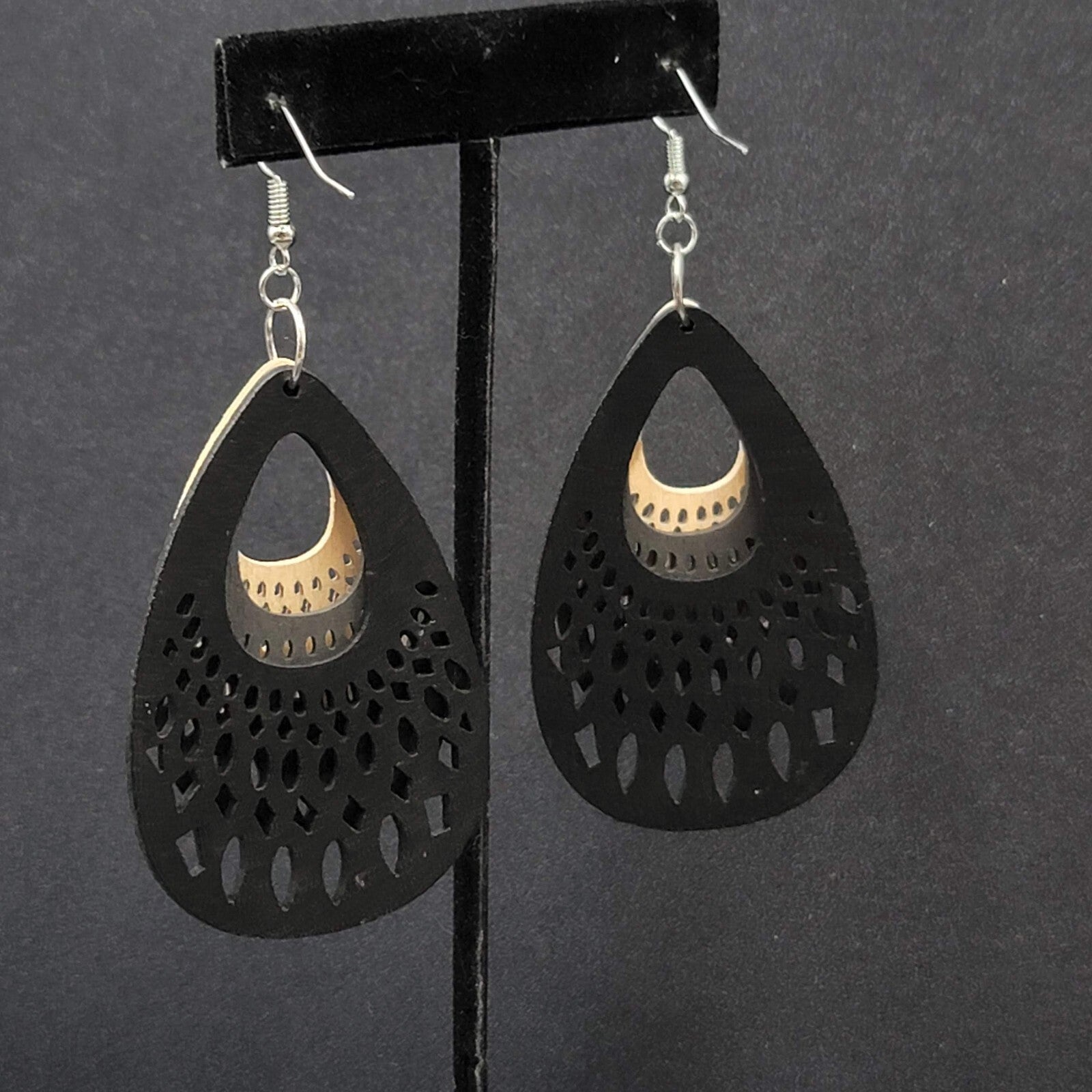 Pierced Earrings Triple Layer Wood Teardrop Dangle Tan Gray Black 2.75"