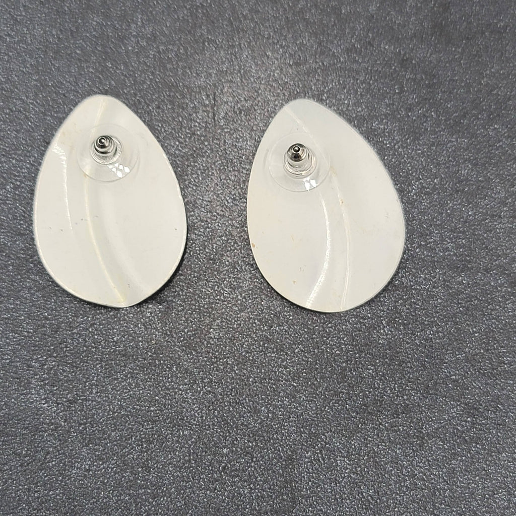 Vintage Pierced Earrings Green White Enamel Drop 1 3/8"