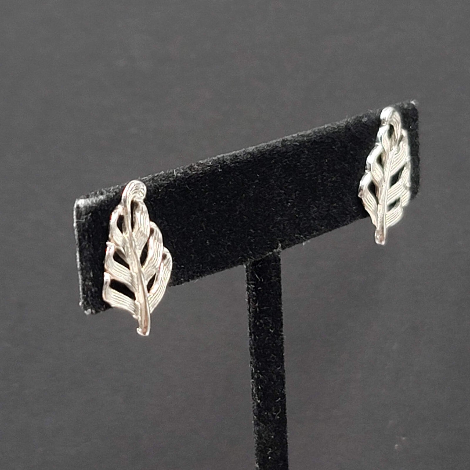 Vintage Pierced Earrings Embossed Leaf Silver Plated Studs 3/4"