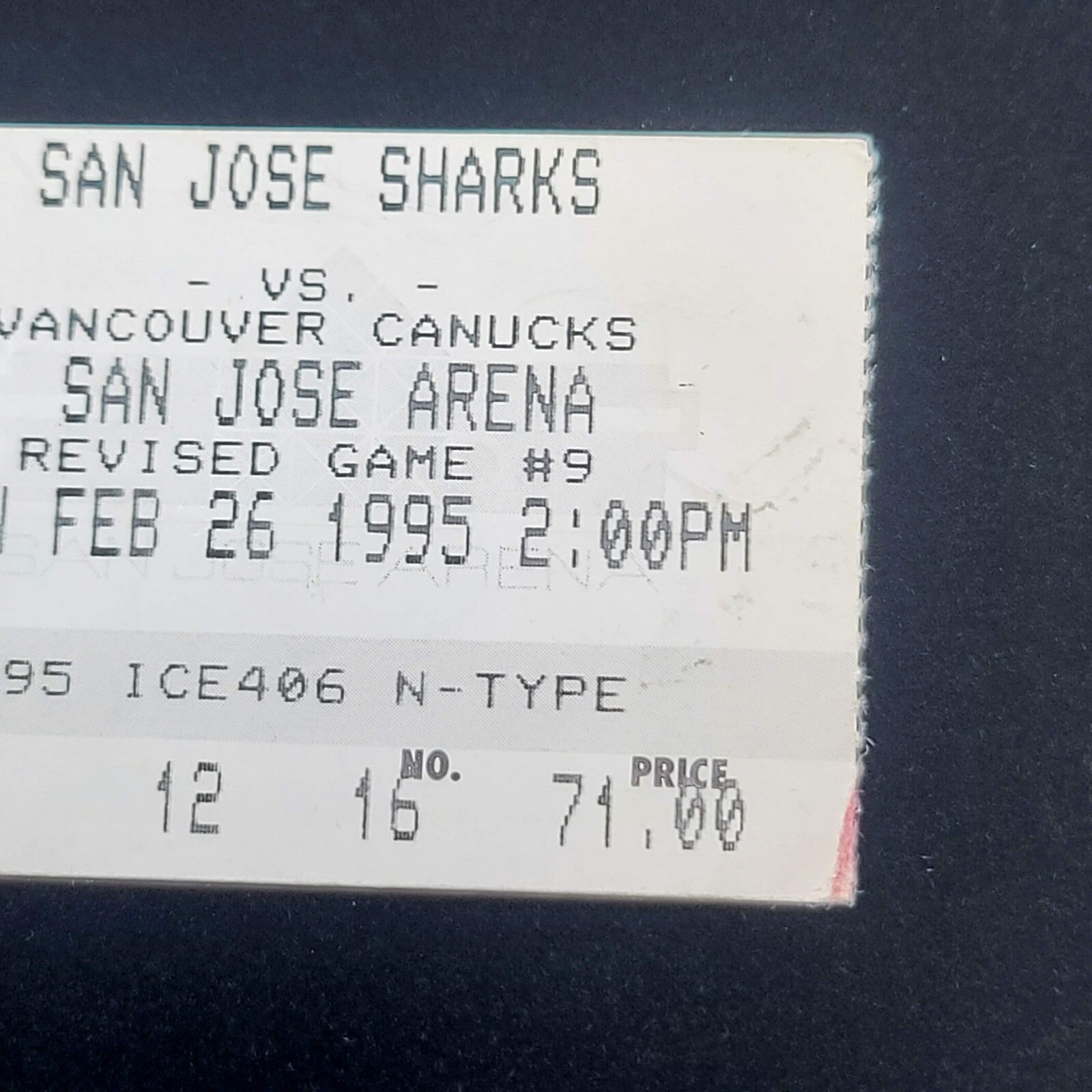 San Jose Sharks vs Vancouver Canucks NHL Ticket Stub 2/26/1995