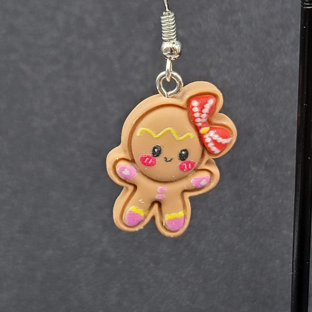 Gingerbread Girl Christmas Pierced Earrings Puffy 3D Dangle 1"