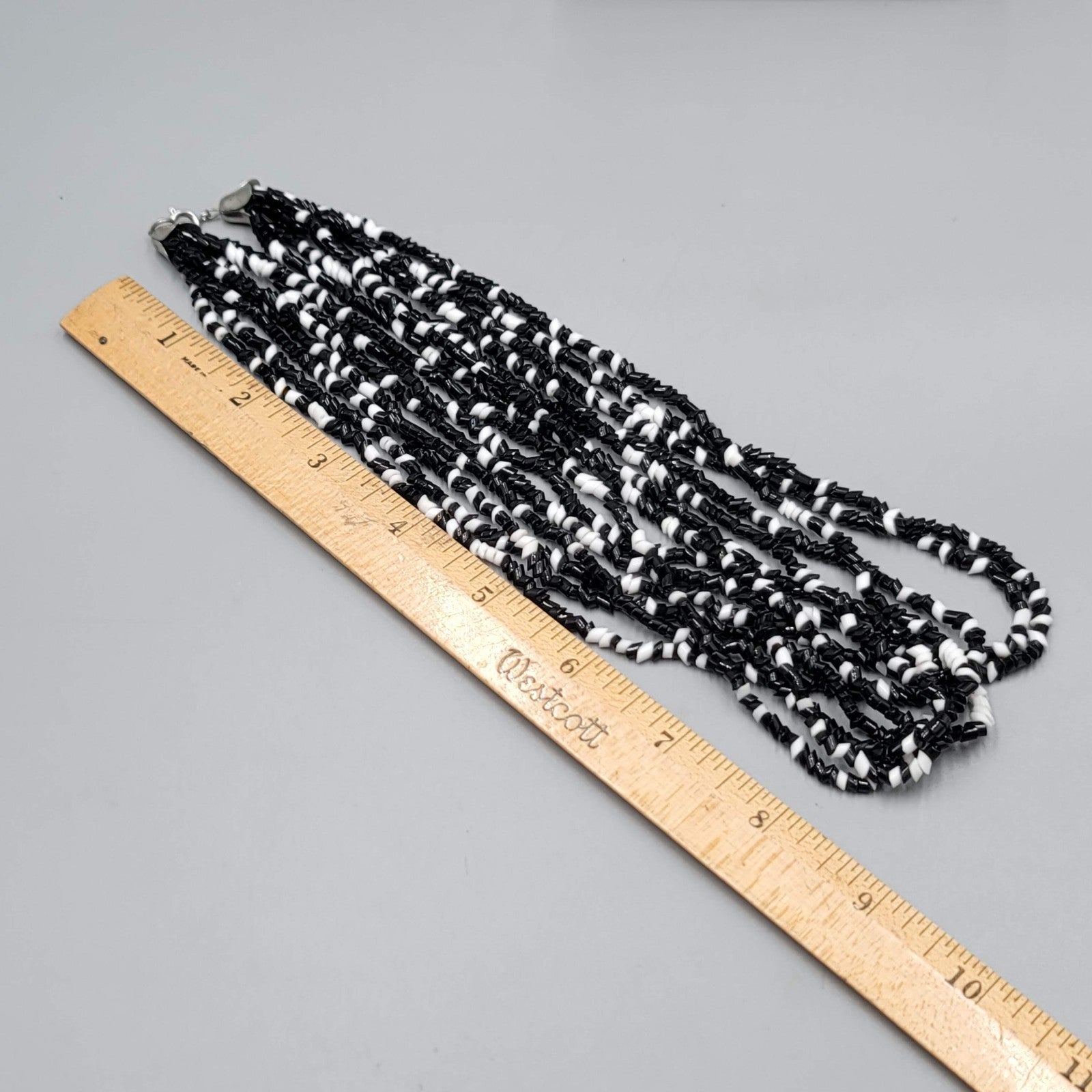 Vintage Black White Glass Bead Necklace Multi Strand 18"