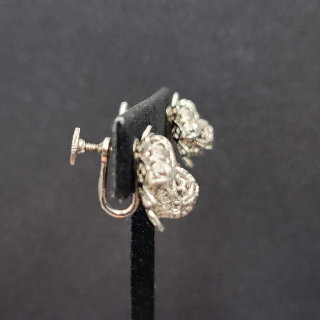 Vintage Clip on Earrings Silver tone Filigree Flower Studs 3/4"