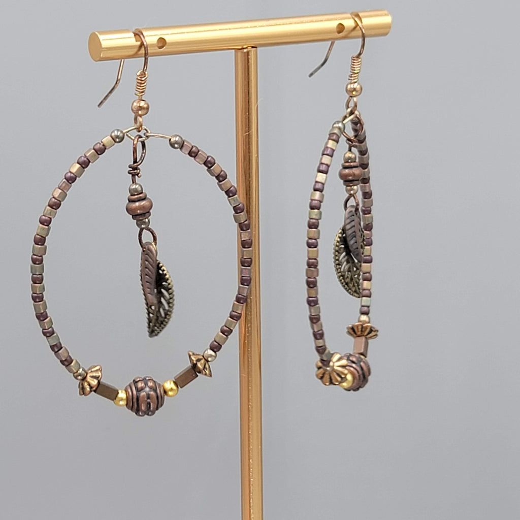 Boho Beaded Hoops Pierced Earrings Copper toen Leaf Dangle 2"