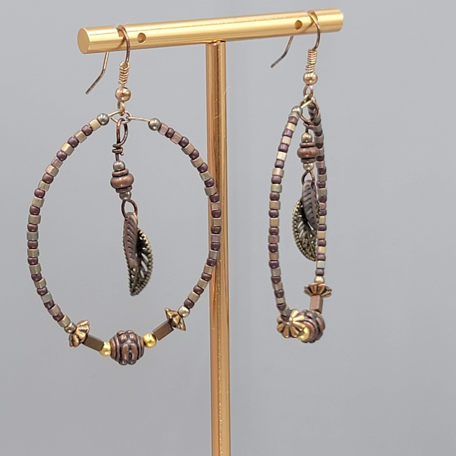 Boho Beaded Hoops Pierced Earrings Copper toen Leaf Dangle 2"