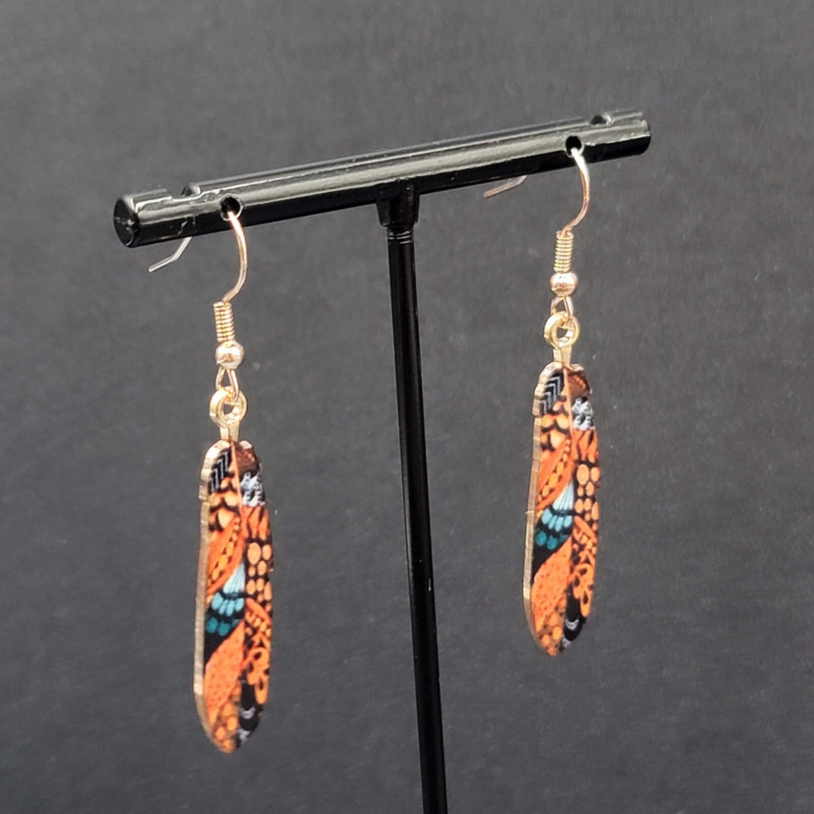 Metal Feather Pierced Earrings Ornage Blue Gold tone Dangle 1.5"