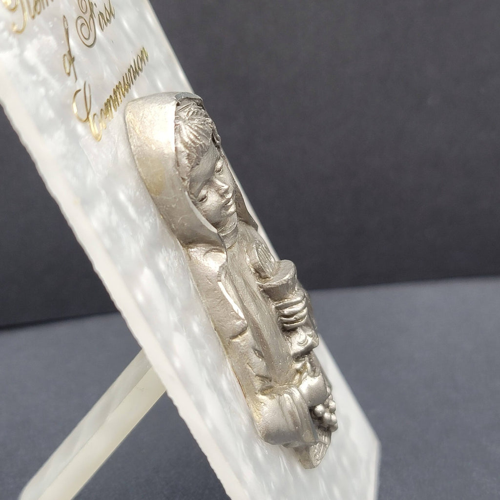 Vintage Pewter Girls First Communion Pewter Italy White Stand 4 1/4" x 2 1/8"