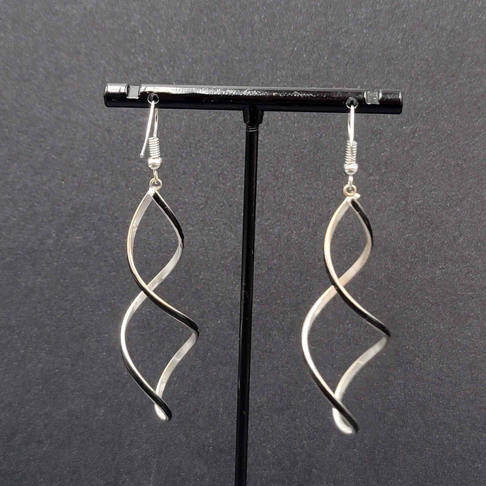 Pierced Earrings Silver tone Twist Black Enamel Long Dangle 2.25"