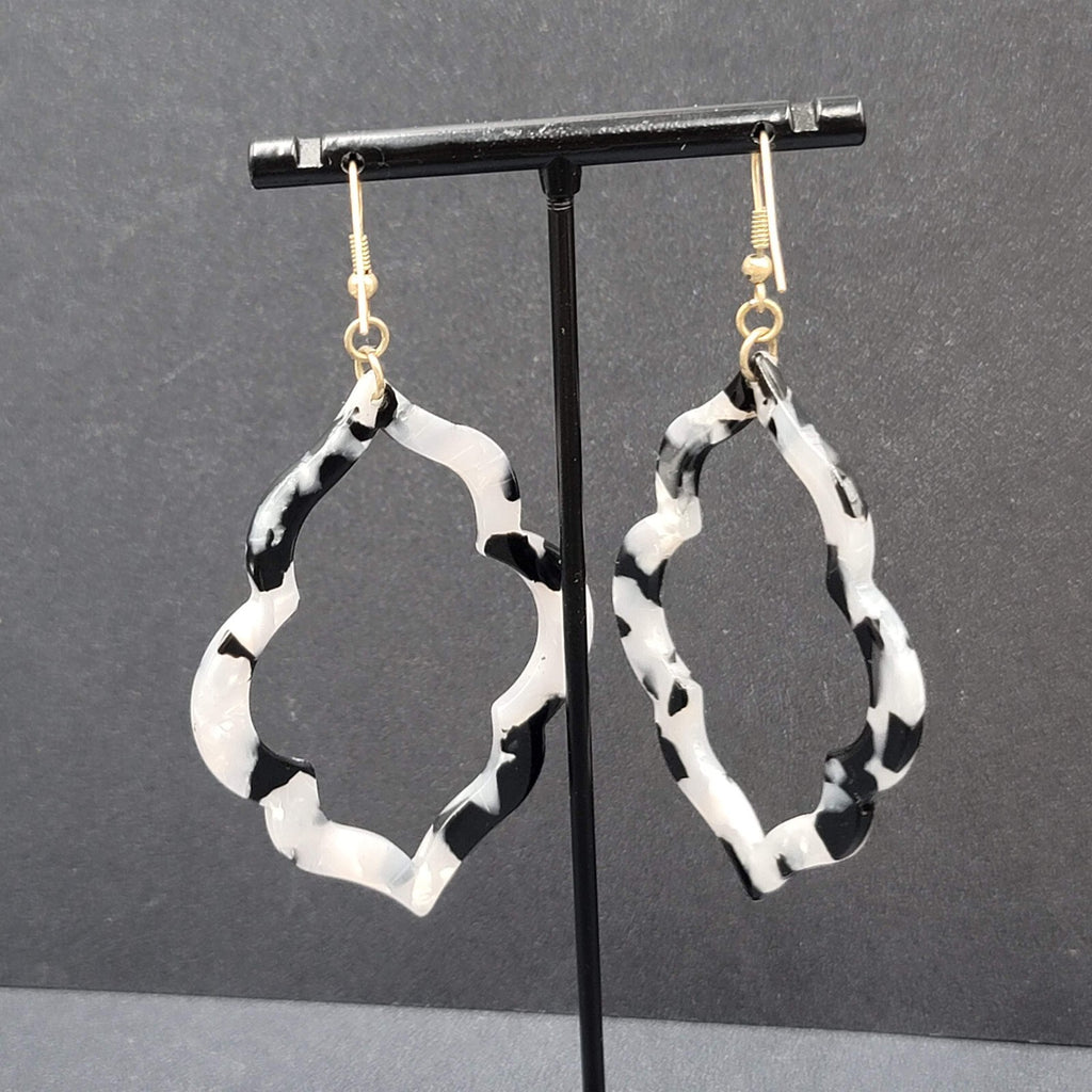 Pierced Earrings Black Gray Acrylic Open Statement Dangle 2.5"