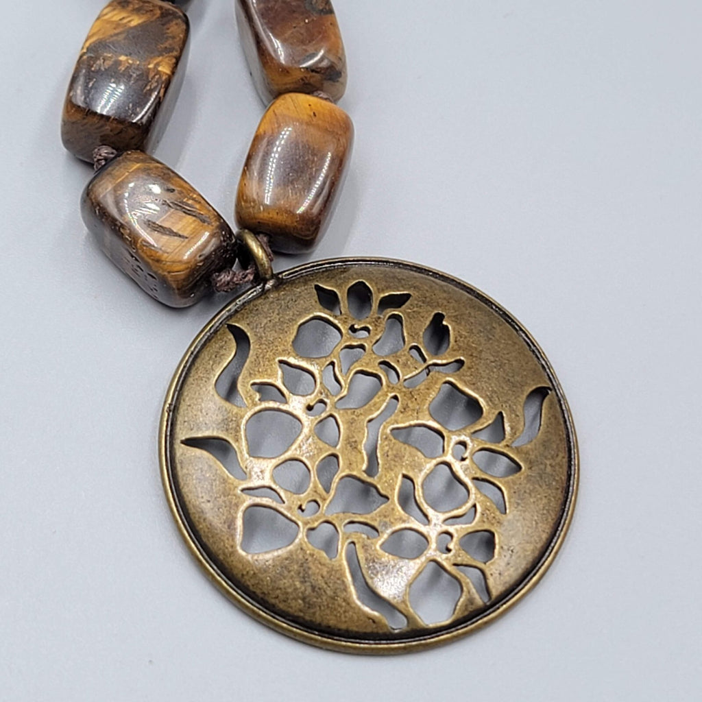 Avon Tigers Eye Stone Bead Necklace Bronze tone Medallion Leather Cord 16"