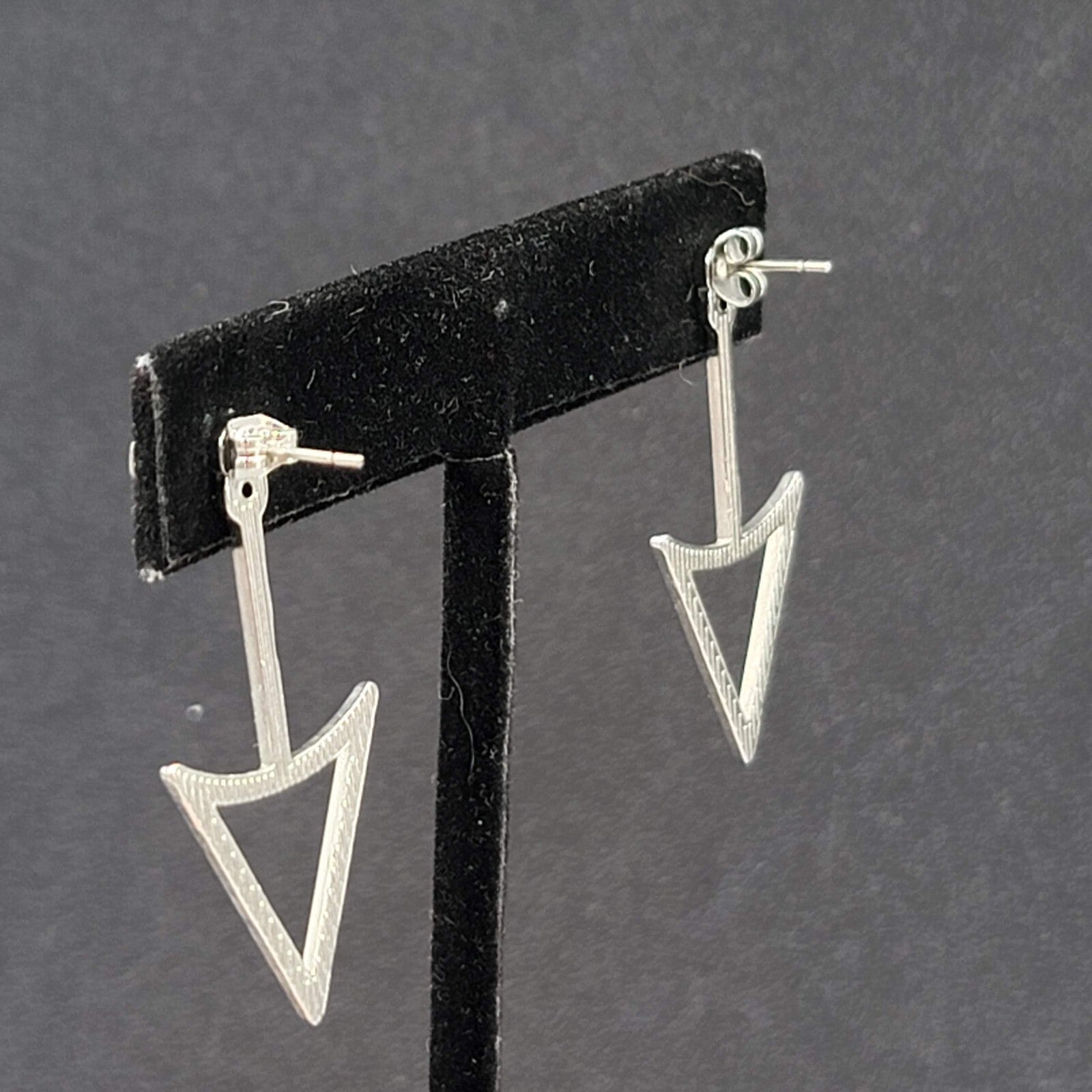 Arrow Triangle Pierced Earrings Silver tone Jacket Dangle 1.5"