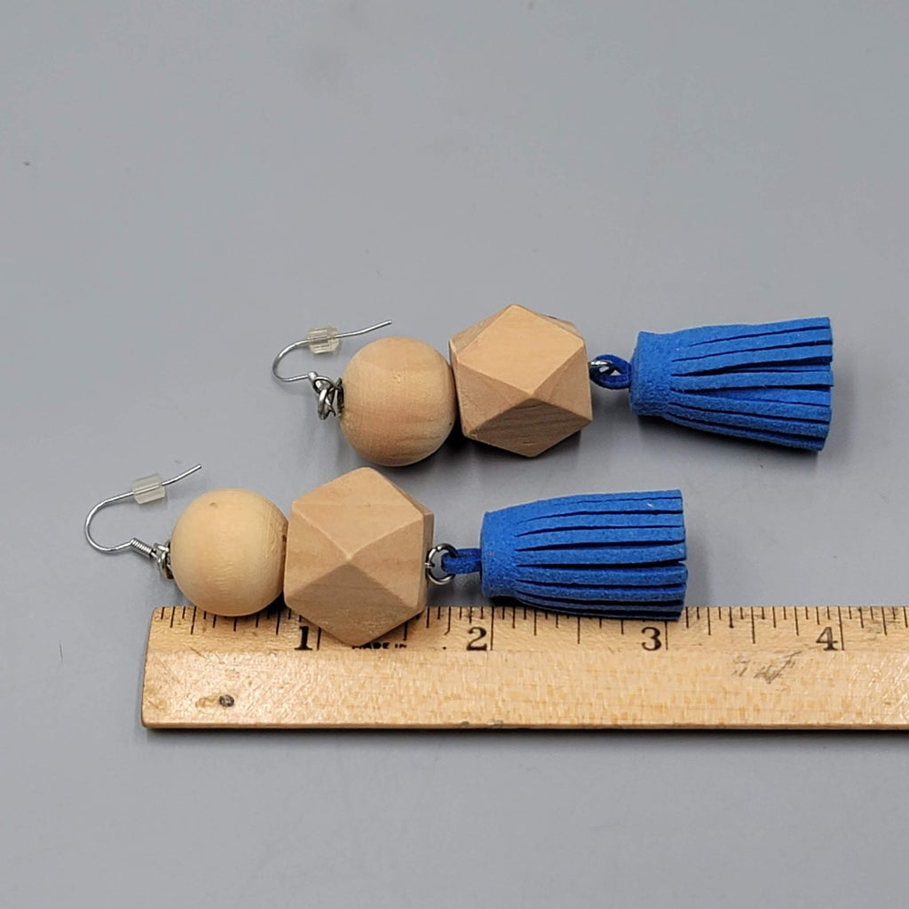 Statement Wood Bead Pierced Earrings Blue Tassel Boho Dangle Long Large 3.25"