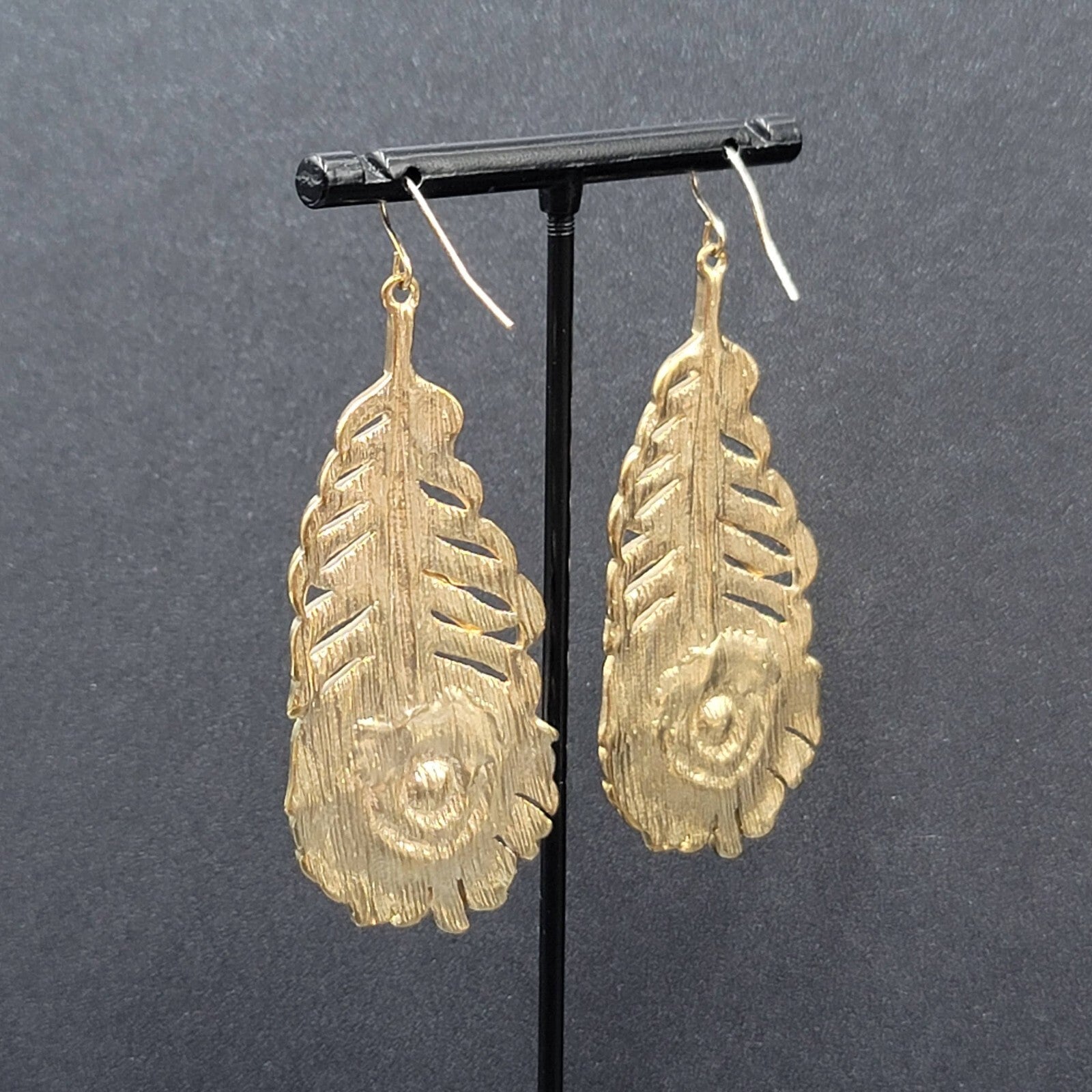 Metal Feather Pierced Earrings Green Enamel Pink Rhinestone Large Dangle 2 5/8"