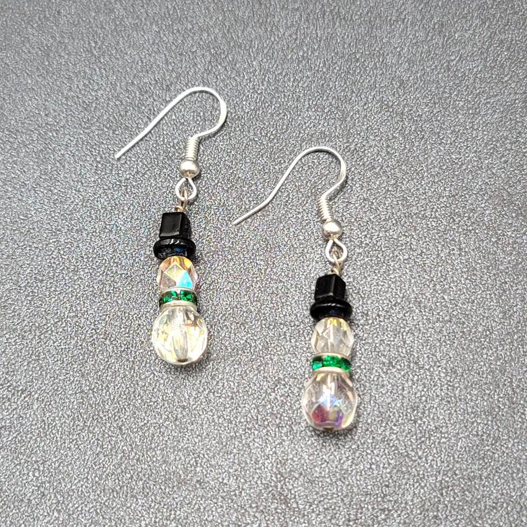 Sterling Silver Pierced Earrings Crystal Bead Snowman Dangle  1"