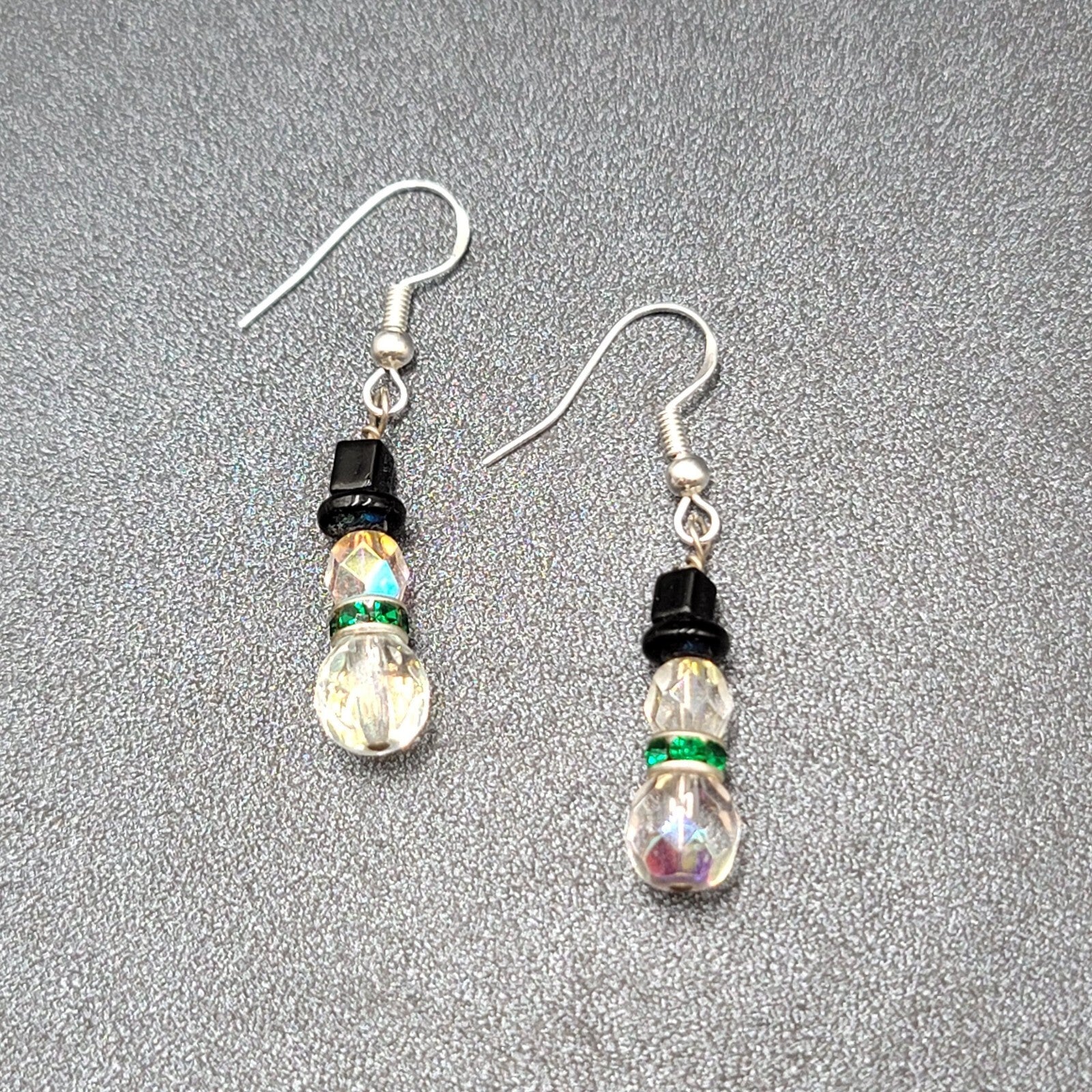 Sterling Silver Pierced Earrings Crystal Bead Snowman Dangle  1"