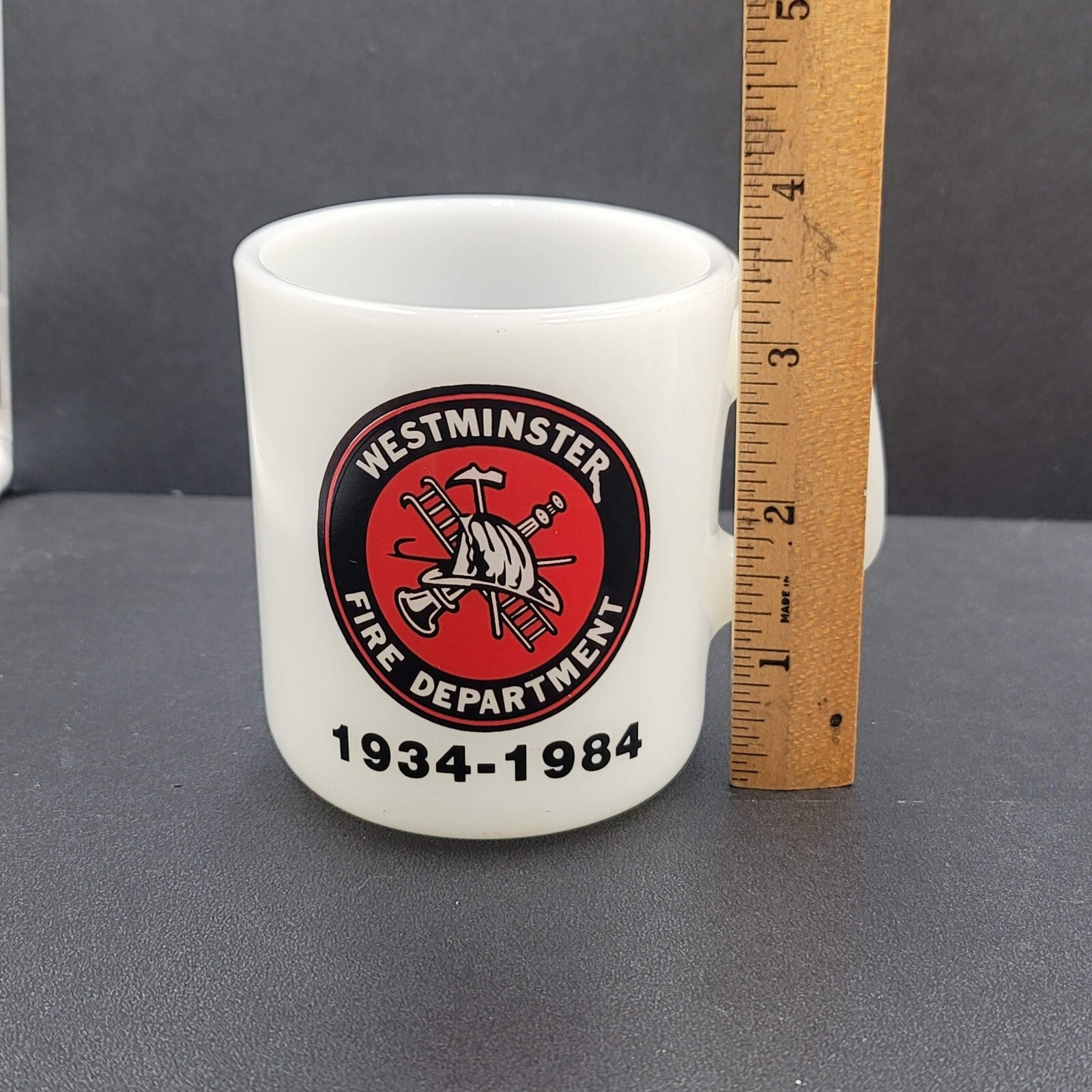 Vintage Westminster Fire Department Coffee Mug Galaxy Milk Glass 1984