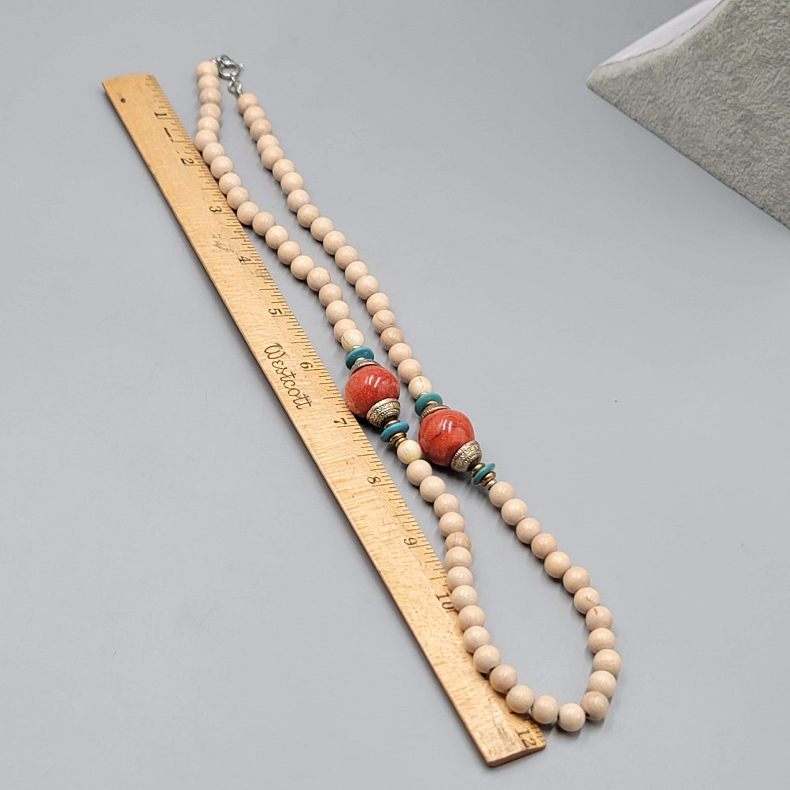 Vintage Coral and White Wood Bead Necklace Statement 24"