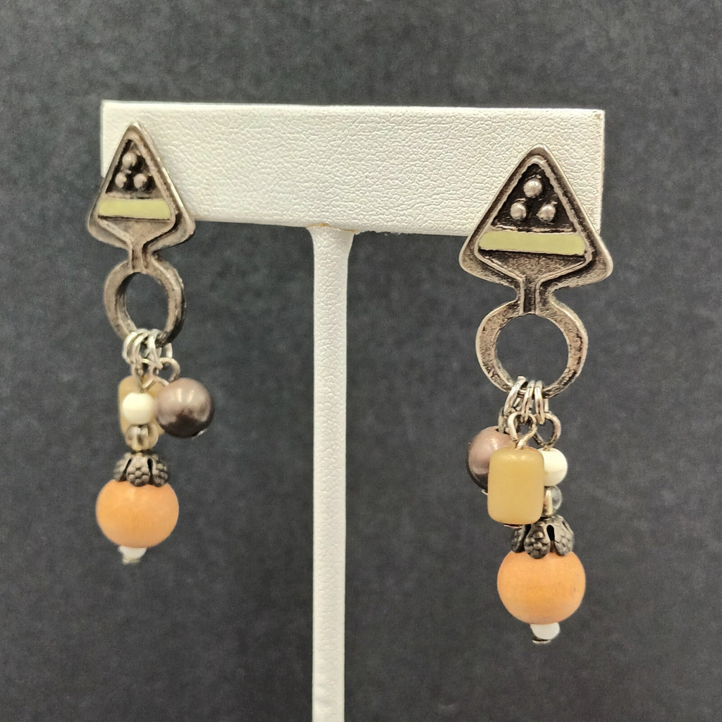 Boho Pierced Earrings Silver tone Wood Bead Dangle 2.25"