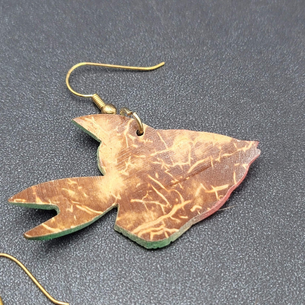 Vintage Pierced Earrings Coconut Shell Carved Fish Painted 2"