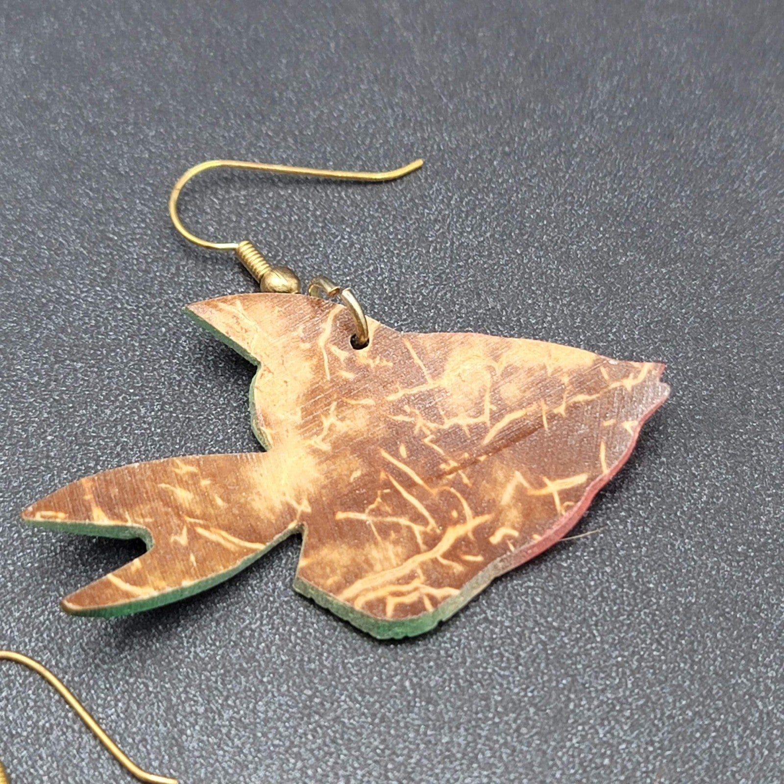 Vintage Pierced Earrings Coconut Shell Carved Fish Painted 2"