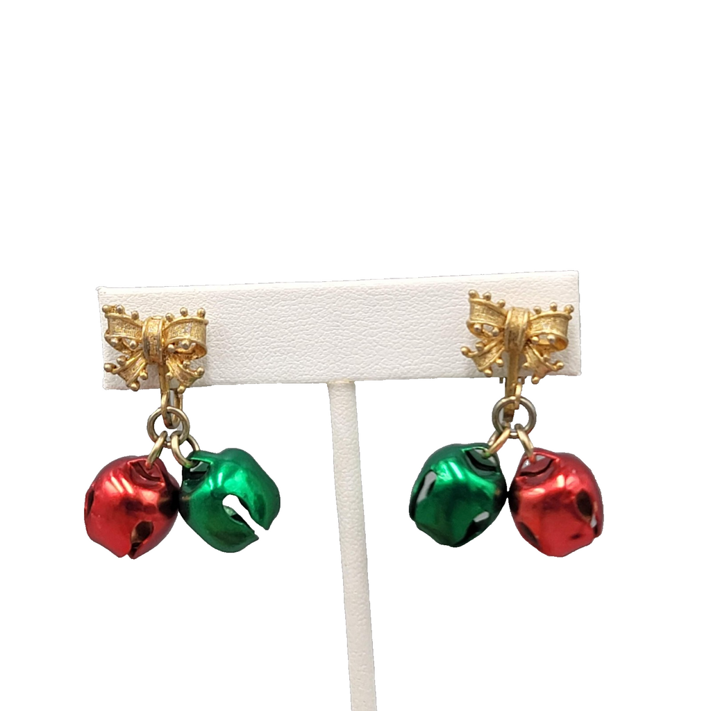 Vintage Christmas Bow Bells Clip on Earrings Gold tone Dangle 1.5"