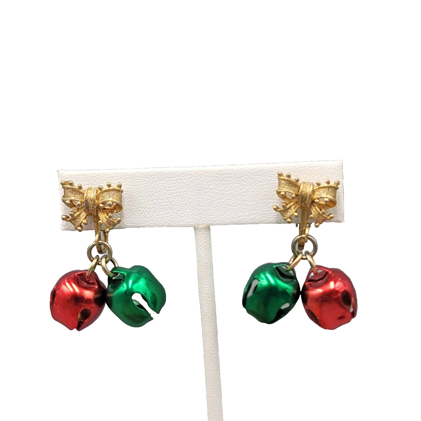 Vintage Christmas Bow Bells Clip on Earrings Gold tone Dangle 1.5"