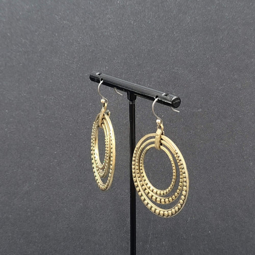 Concentric Ovals Pierced Earrings Bronze tone Embossed Dangle New 1.75"