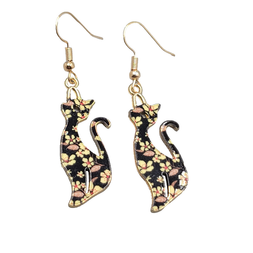 Black Kitty Cat Flower Print Pierced Earrings Gold tone Dangle 1 3/8"