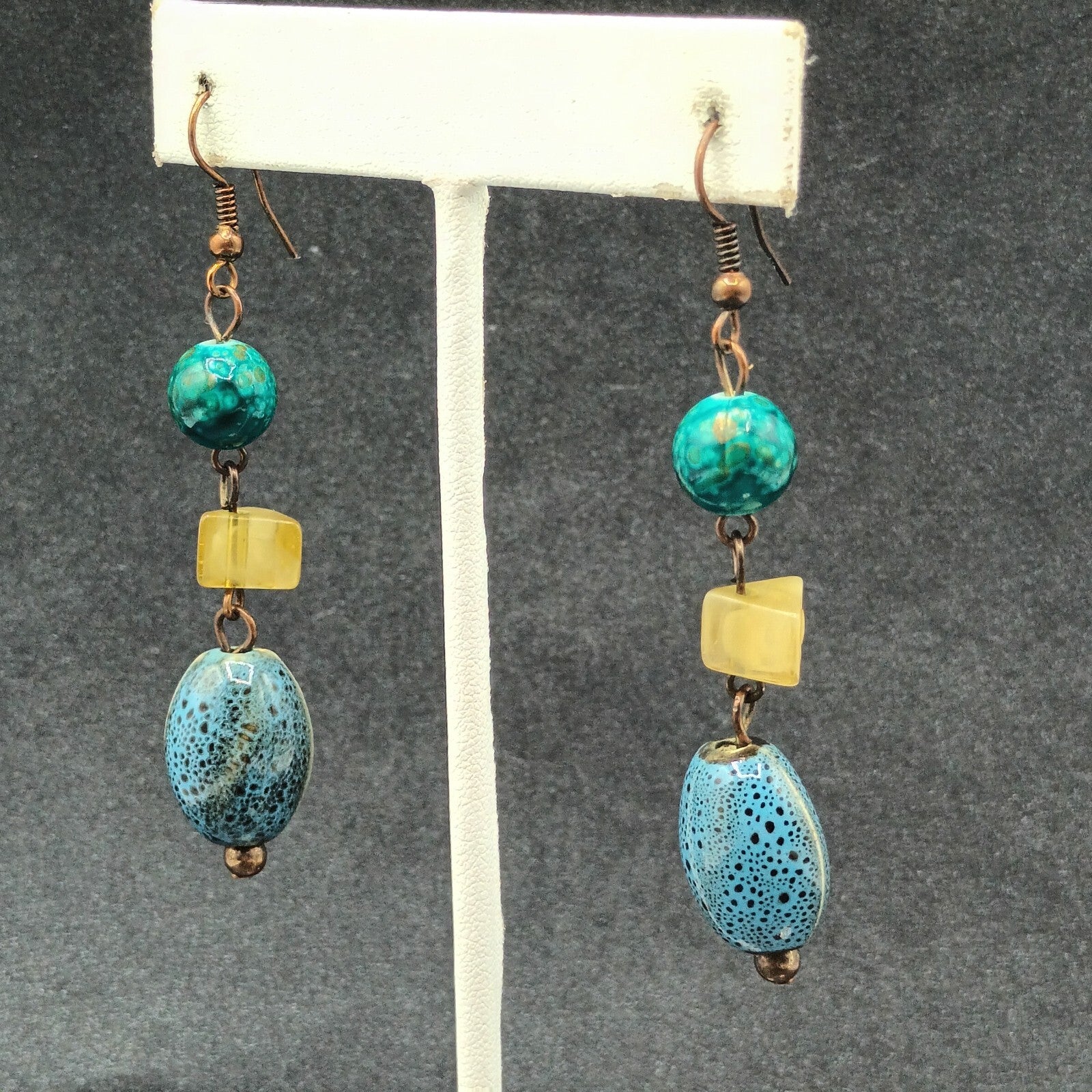 Pierced Earrings Blue Green Art Pottery Beaded Statement Dangle 2"